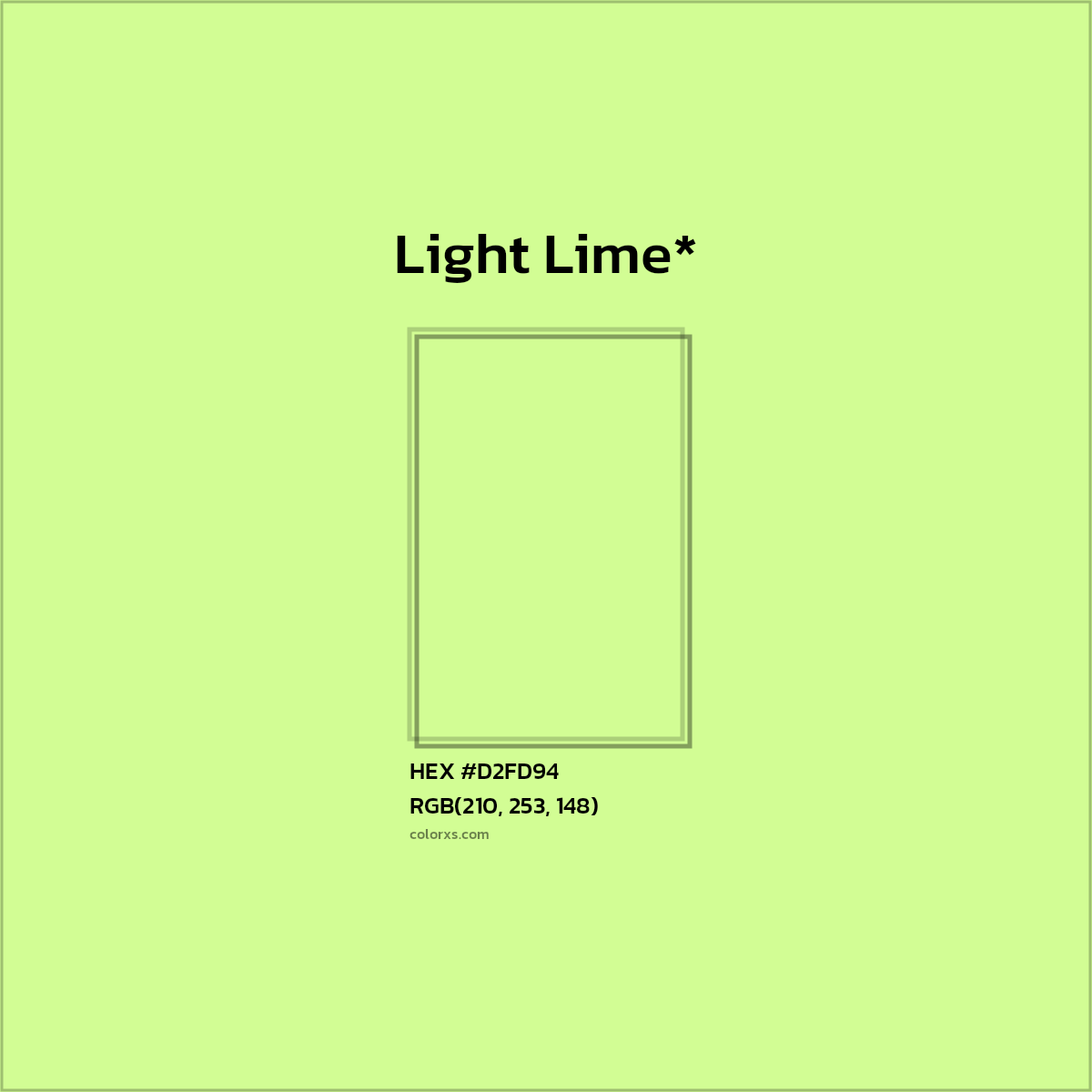 #D2FD94 hex color. RGB, RYB, CMYK, HSL, HSV codes and color conversions. Matching color names, palettes, paints.