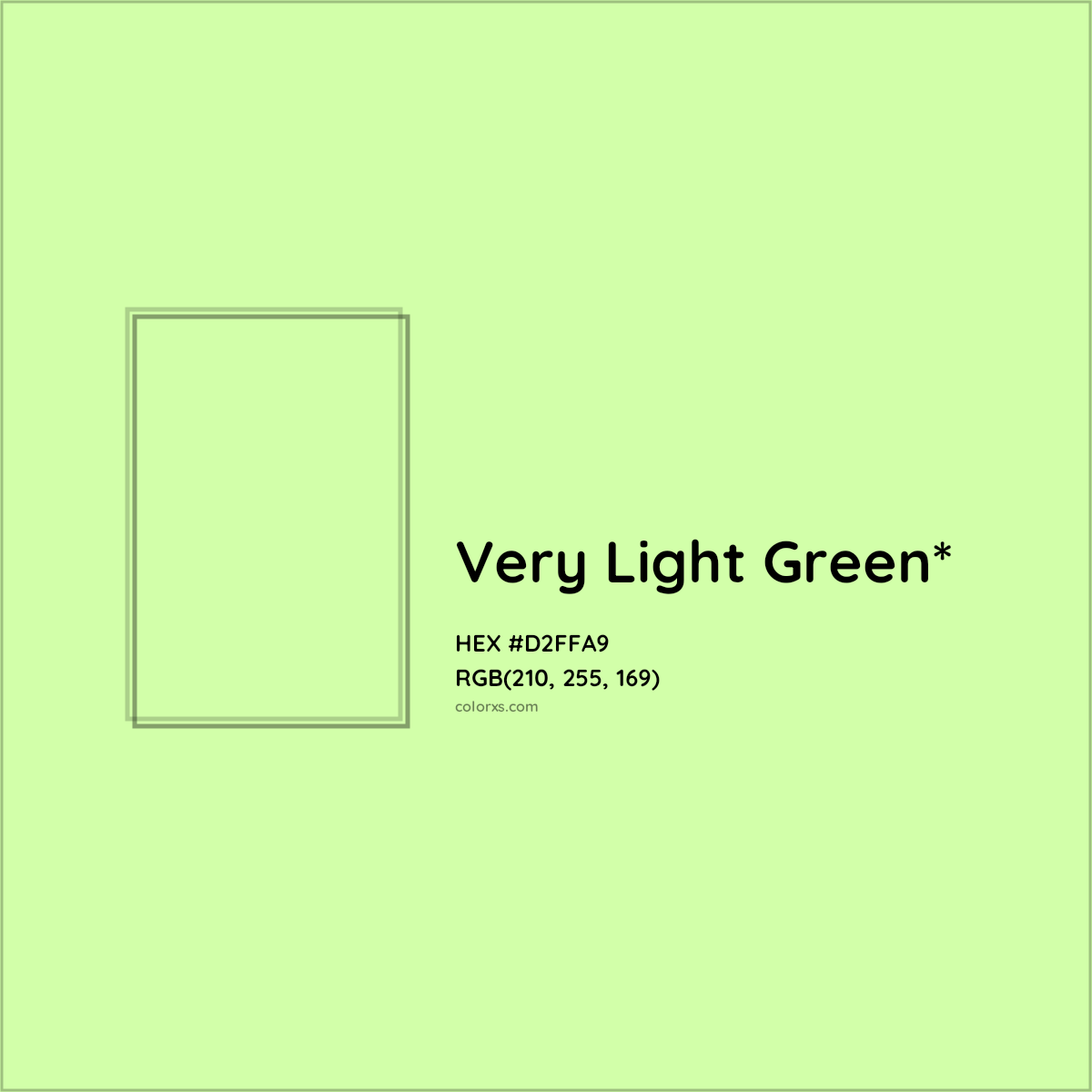 #D2FFA9 hex color. RGB, RYB, CMYK, HSL, HSV codes and color conversions. Matching color names, palettes, paints.