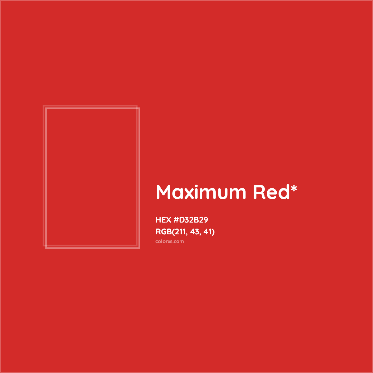 #D32B29 hex color. RGB, RYB, CMYK, HSL, HSV codes and color conversions. Matching color names, palettes, paints.