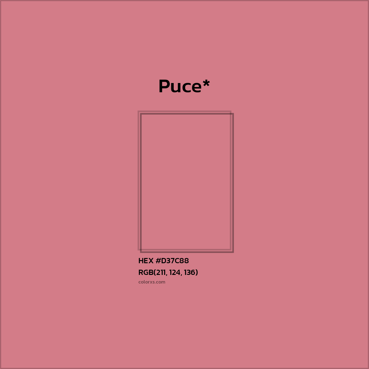 #D37C88 hex color. RGB, RYB, CMYK, HSL, HSV codes and color conversions. Matching color names, palettes, paints.