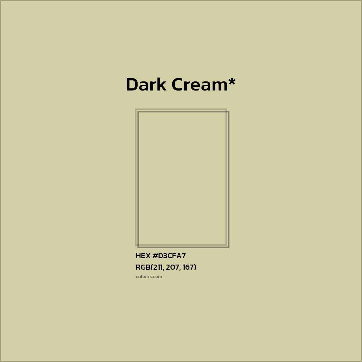 #D3CFA7 hex color. RGB, RYB, CMYK, HSL, HSV codes and color conversions. Matching color names, palettes, paints.