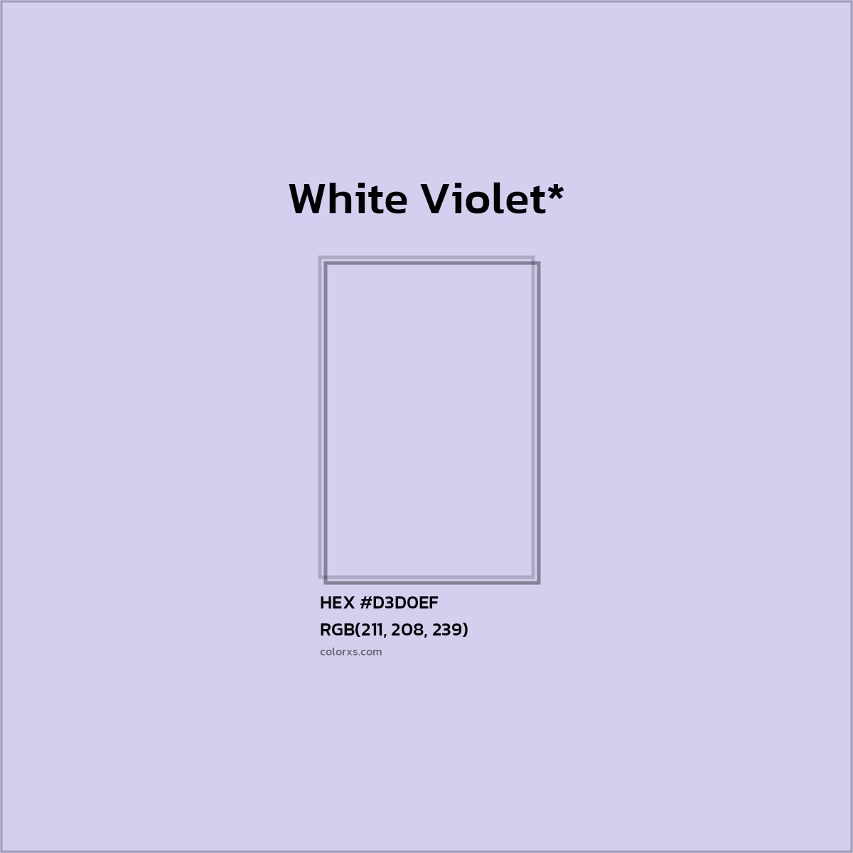 #D3D0EF hex color. RGB, RYB, CMYK, HSL, HSV codes and color conversions. Matching color names, palettes, paints.