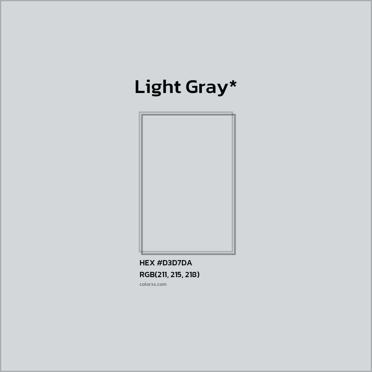 #D3D7DA hex color. RGB, RYB, CMYK, HSL, HSV codes and color conversions. Matching color names, palettes, paints.