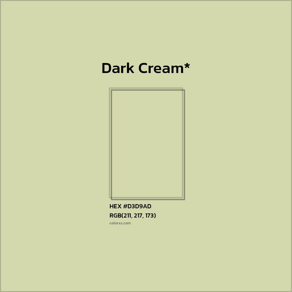 #D3D9AD hex color. RGB, RYB, CMYK, HSL, HSV codes and color conversions. Matching color names, palettes, paints.