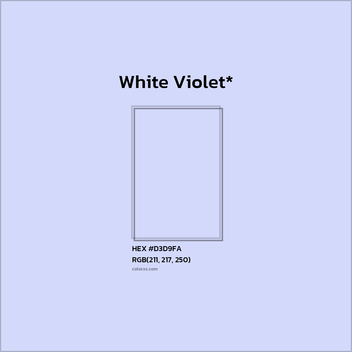 #D3D9FA hex color. RGB, RYB, CMYK, HSL, HSV codes and color conversions. Matching color names, palettes, paints.