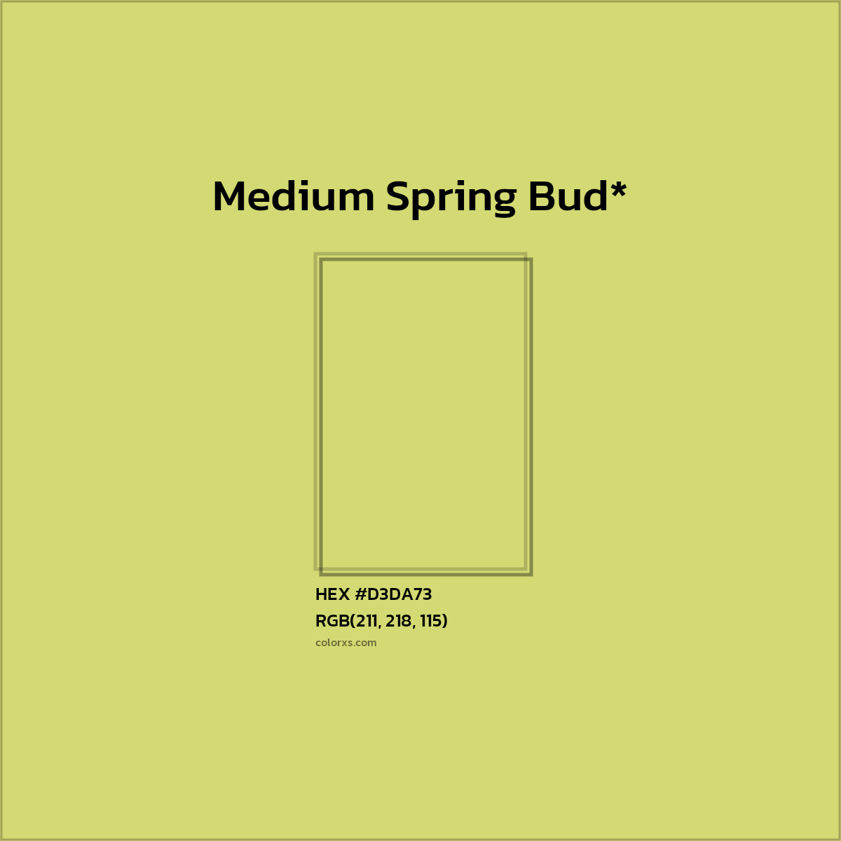 #D3DA73 hex color. RGB, RYB, CMYK, HSL, HSV codes and color conversions. Matching color names, palettes, paints.