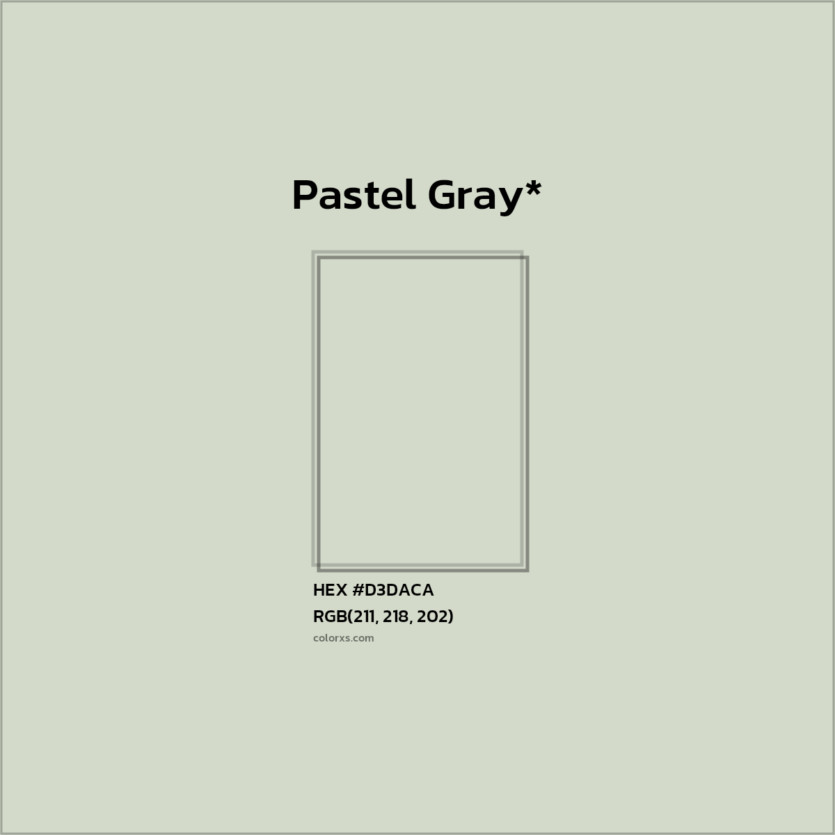 #D3DACA hex color. RGB, RYB, CMYK, HSL, HSV codes and color conversions. Matching color names, palettes, paints.