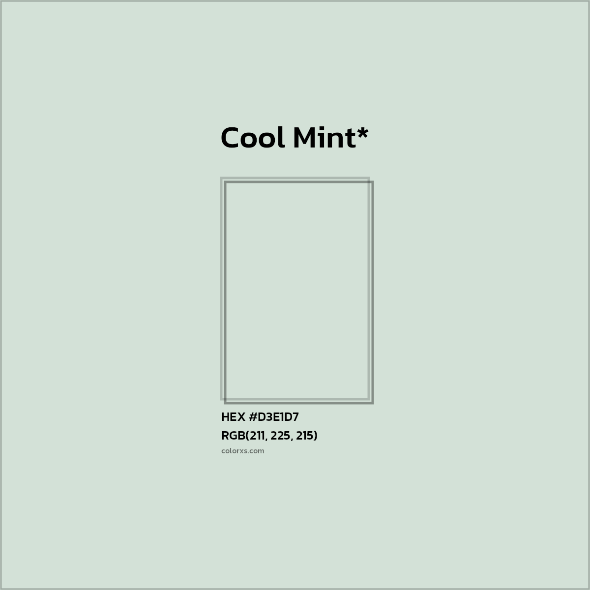 #D3E1D7 hex color. RGB, RYB, CMYK, HSL, HSV codes and color conversions. Matching color names, palettes, paints.
