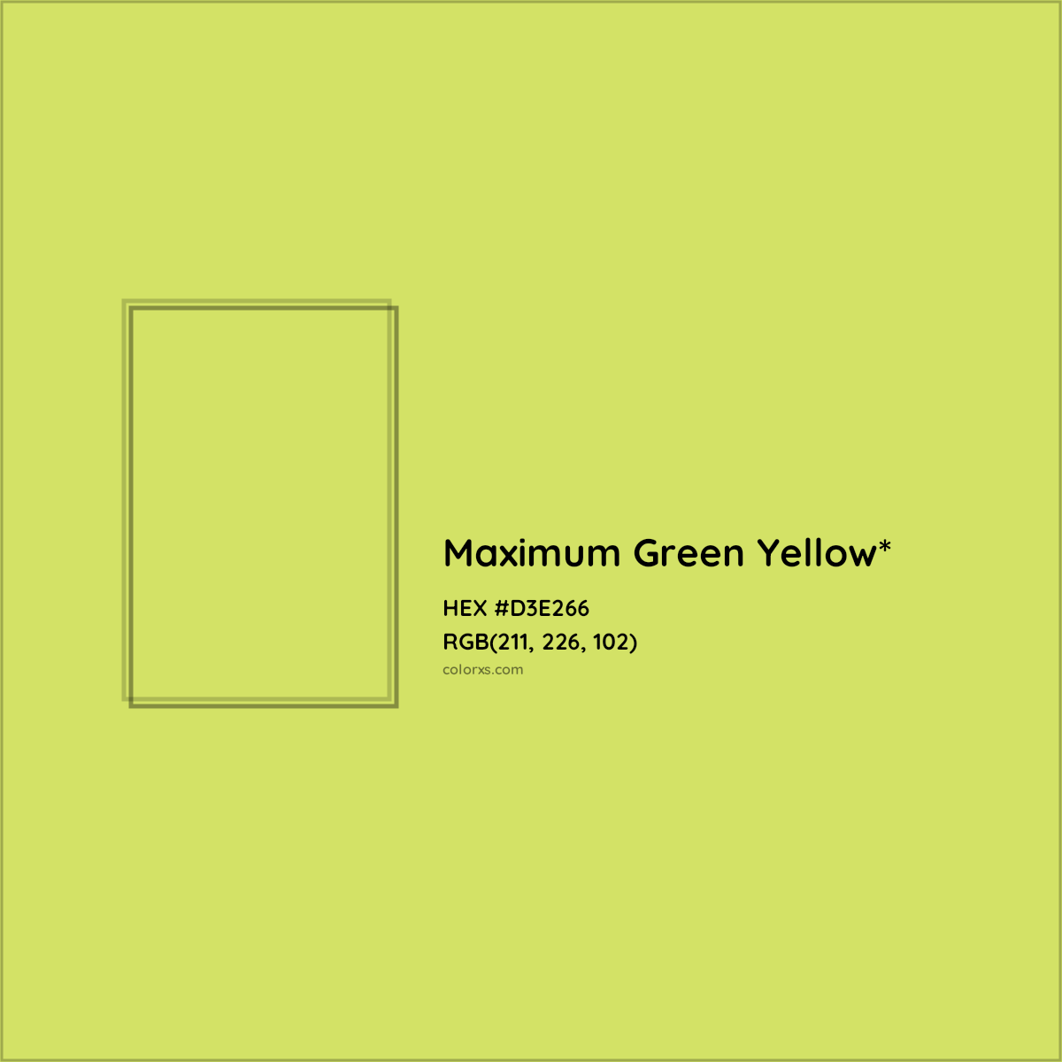 #D3E266 hex color. RGB, RYB, CMYK, HSL, HSV codes and color conversions. Matching color names, palettes, paints.