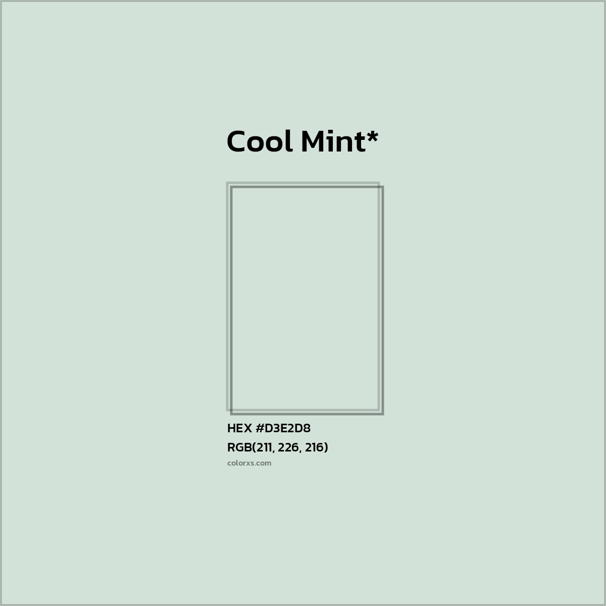 #D3E2D8 hex color. RGB, RYB, CMYK, HSL, HSV codes and color conversions. Matching color names, palettes, paints.