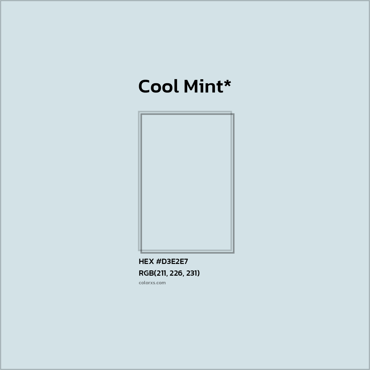 #D3E2E7 hex color. RGB, RYB, CMYK, HSL, HSV codes and color conversions. Matching color names, palettes, paints.