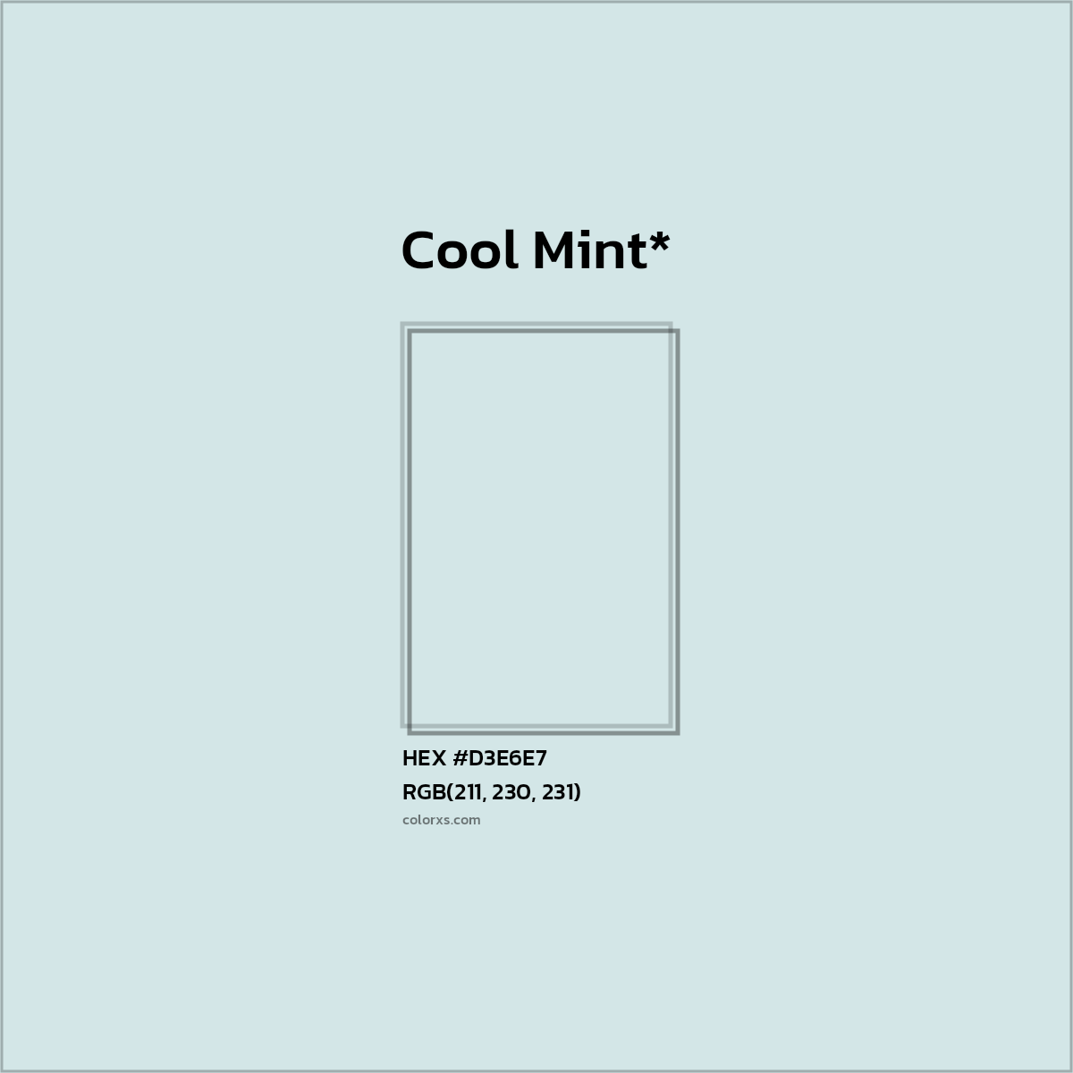 #D3E6E7 hex color. RGB, RYB, CMYK, HSL, HSV codes and color conversions. Matching color names, palettes, paints.
