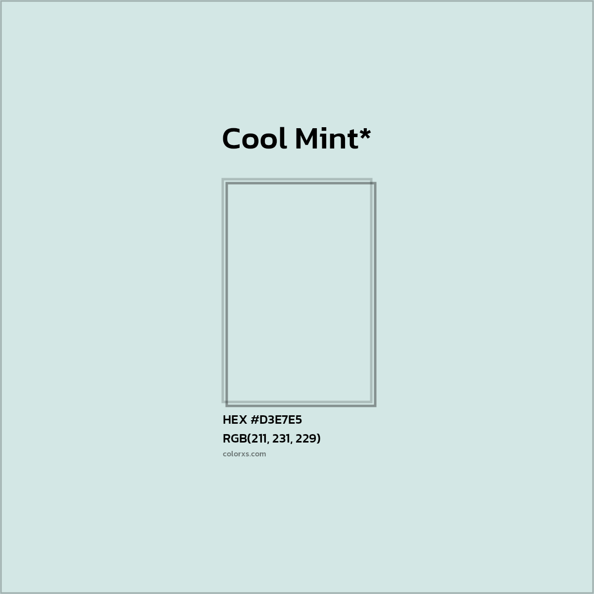 #D3E7E5 hex color. RGB, RYB, CMYK, HSL, HSV codes and color conversions. Matching color names, palettes, paints.