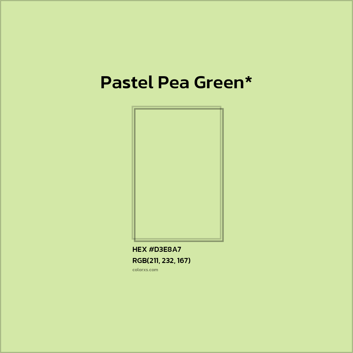 #D3E8A7 hex color. RGB, RYB, CMYK, HSL, HSV codes and color conversions. Matching color names, palettes, paints.