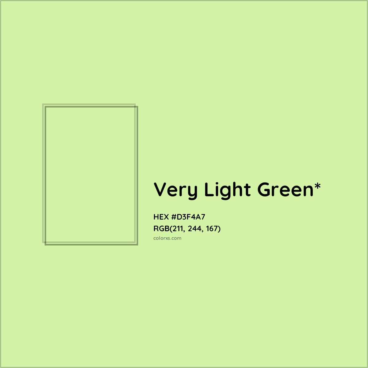#D3F4A7 hex color. RGB, RYB, CMYK, HSL, HSV codes and color conversions. Matching color names, palettes, paints.