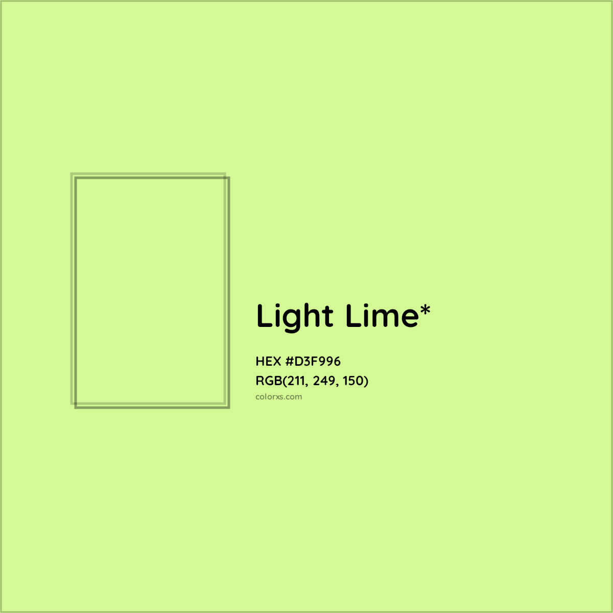 #D3F996 hex color. RGB, RYB, CMYK, HSL, HSV codes and color conversions. Matching color names, palettes, paints.