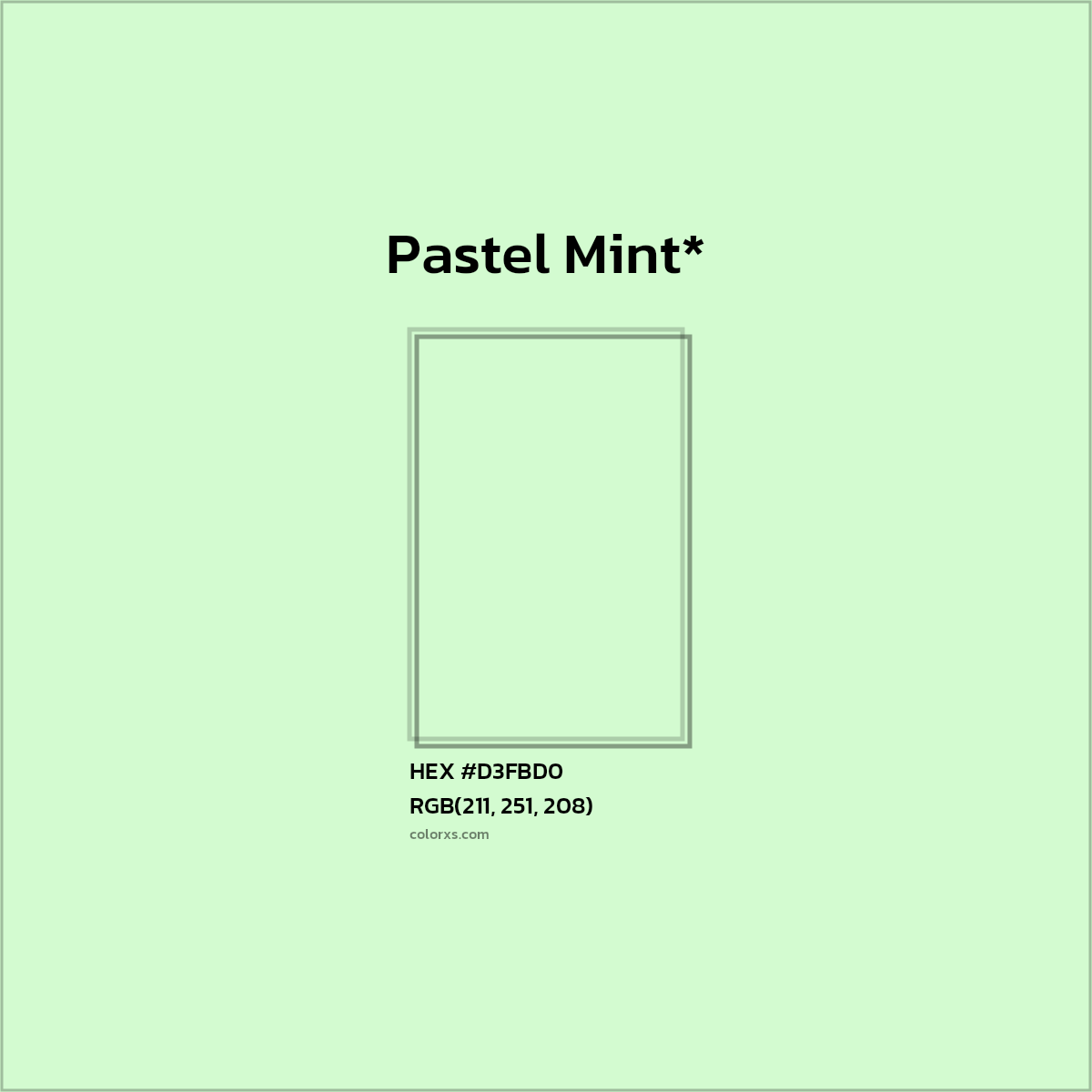 #D3FBD0 hex color. RGB, RYB, CMYK, HSL, HSV codes and color conversions. Matching color names, palettes, paints.