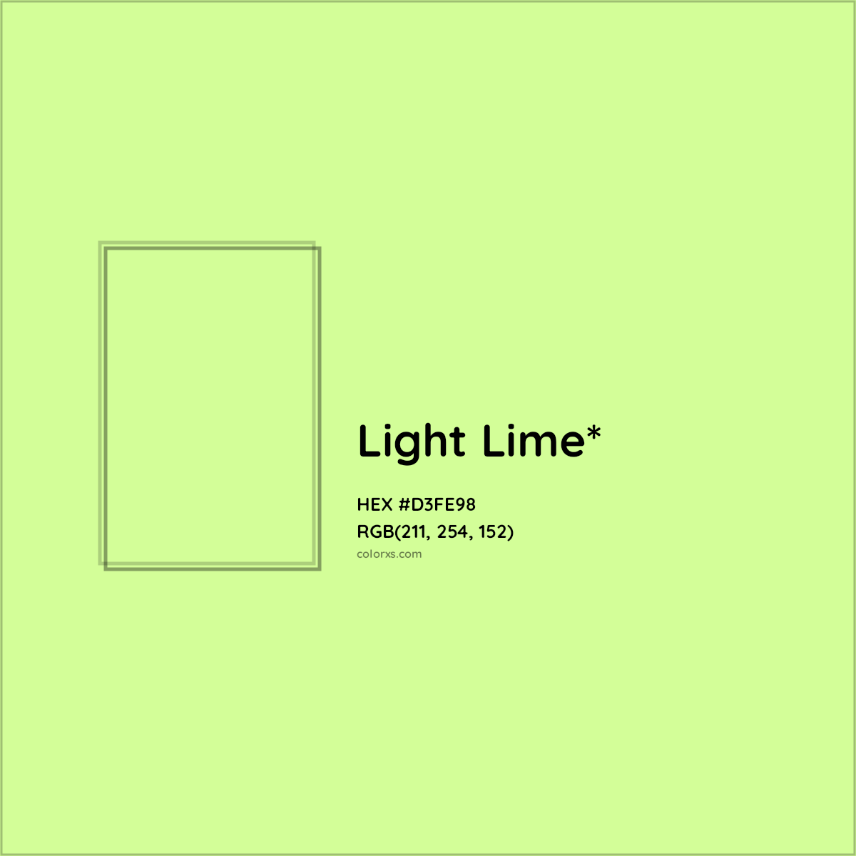 #D3FE98 hex color. RGB, RYB, CMYK, HSL, HSV codes and color conversions. Matching color names, palettes, paints.