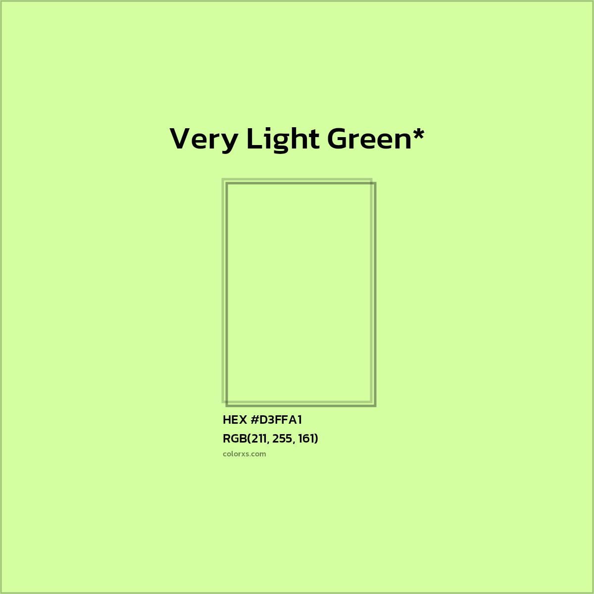 #D3FFA1 hex color. RGB, RYB, CMYK, HSL, HSV codes and color conversions. Matching color names, palettes, paints.