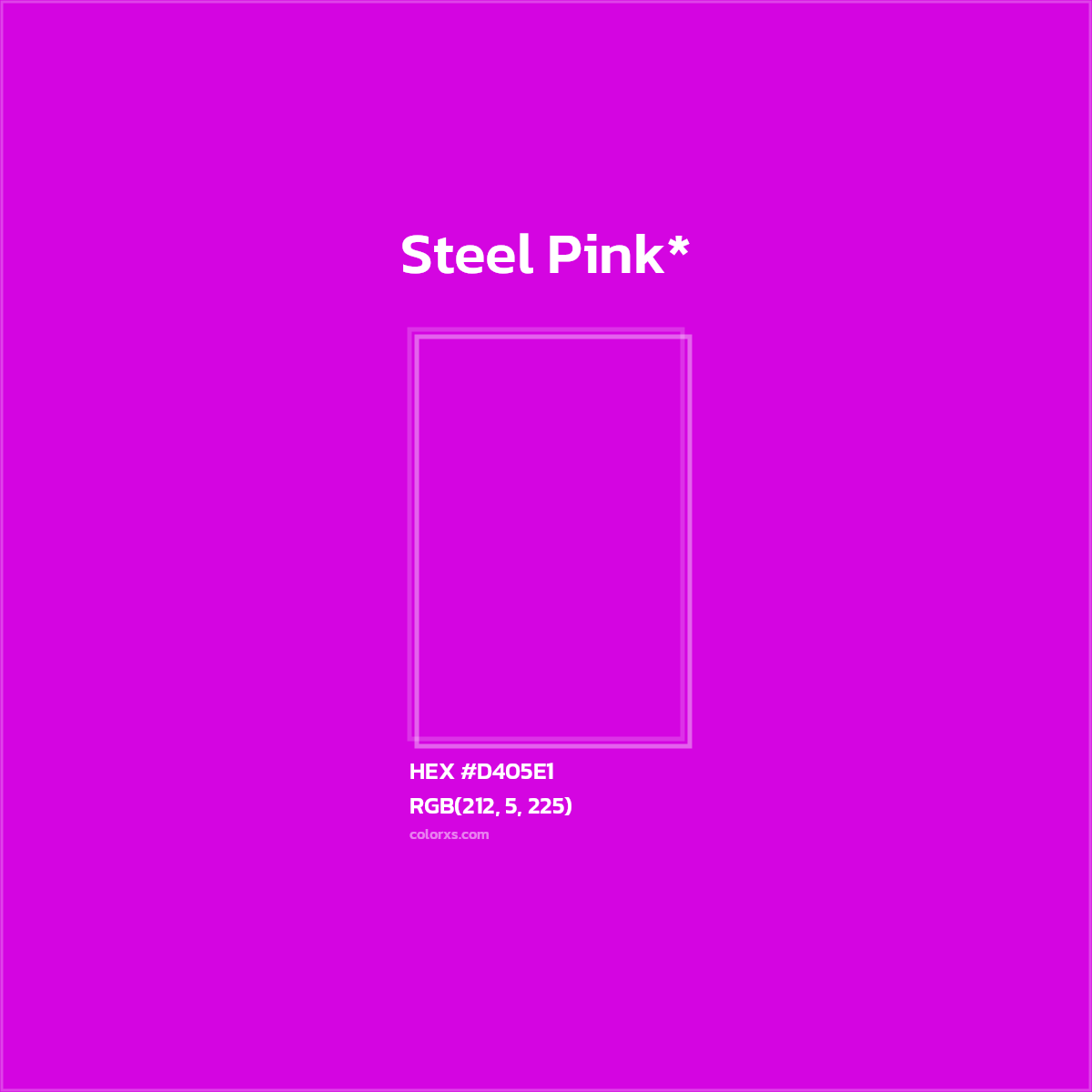 #D405E1 hex color. RGB, RYB, CMYK, HSL, HSV codes and color conversions. Matching color names, palettes, paints.
