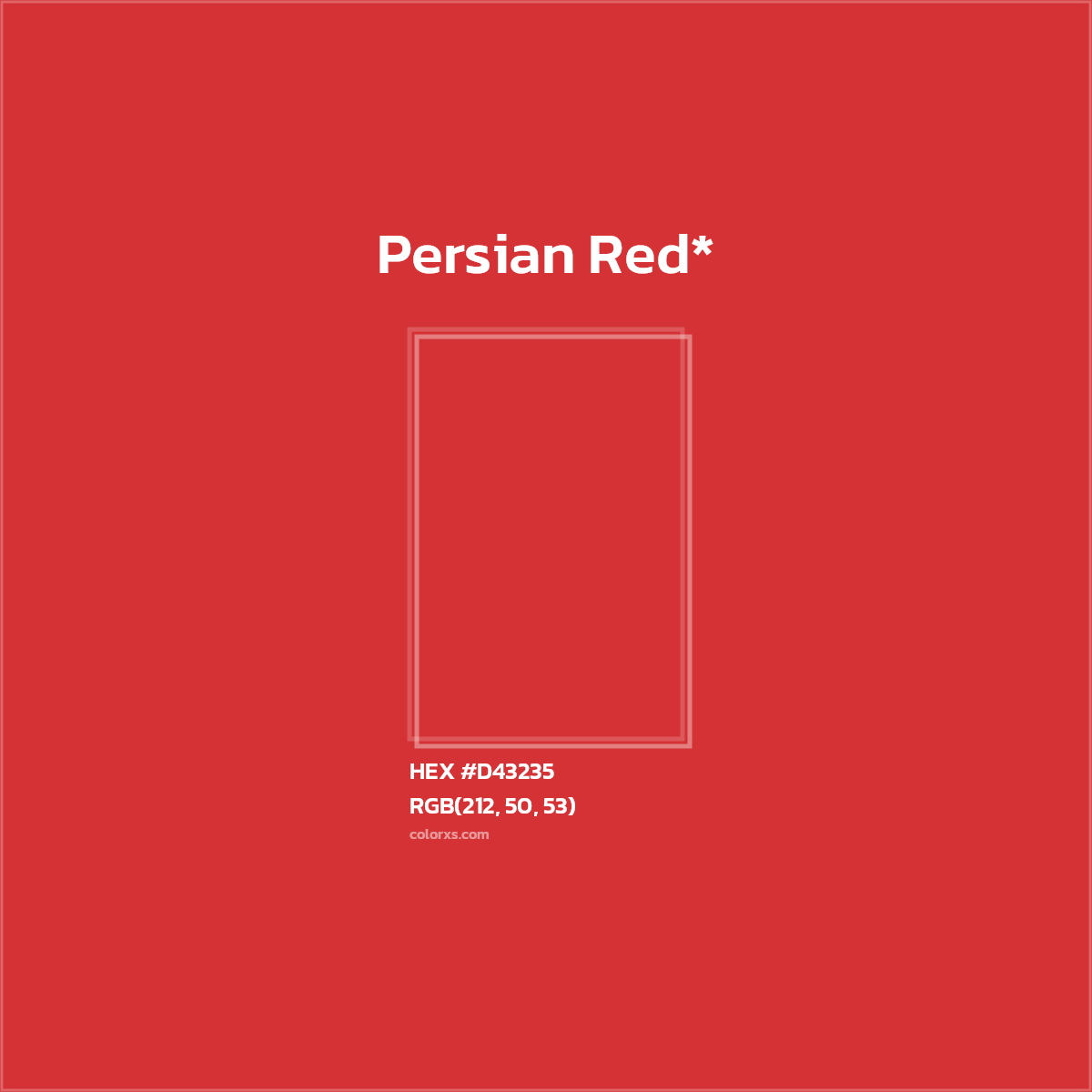 #D43235 hex color. RGB, RYB, CMYK, HSL, HSV codes and color conversions. Matching color names, palettes, paints.