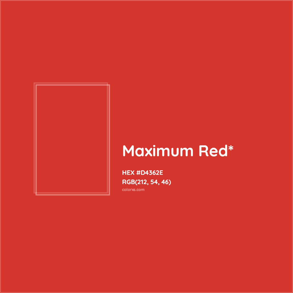 #D4362E hex color. RGB, RYB, CMYK, HSL, HSV codes and color conversions. Matching color names, palettes, paints.