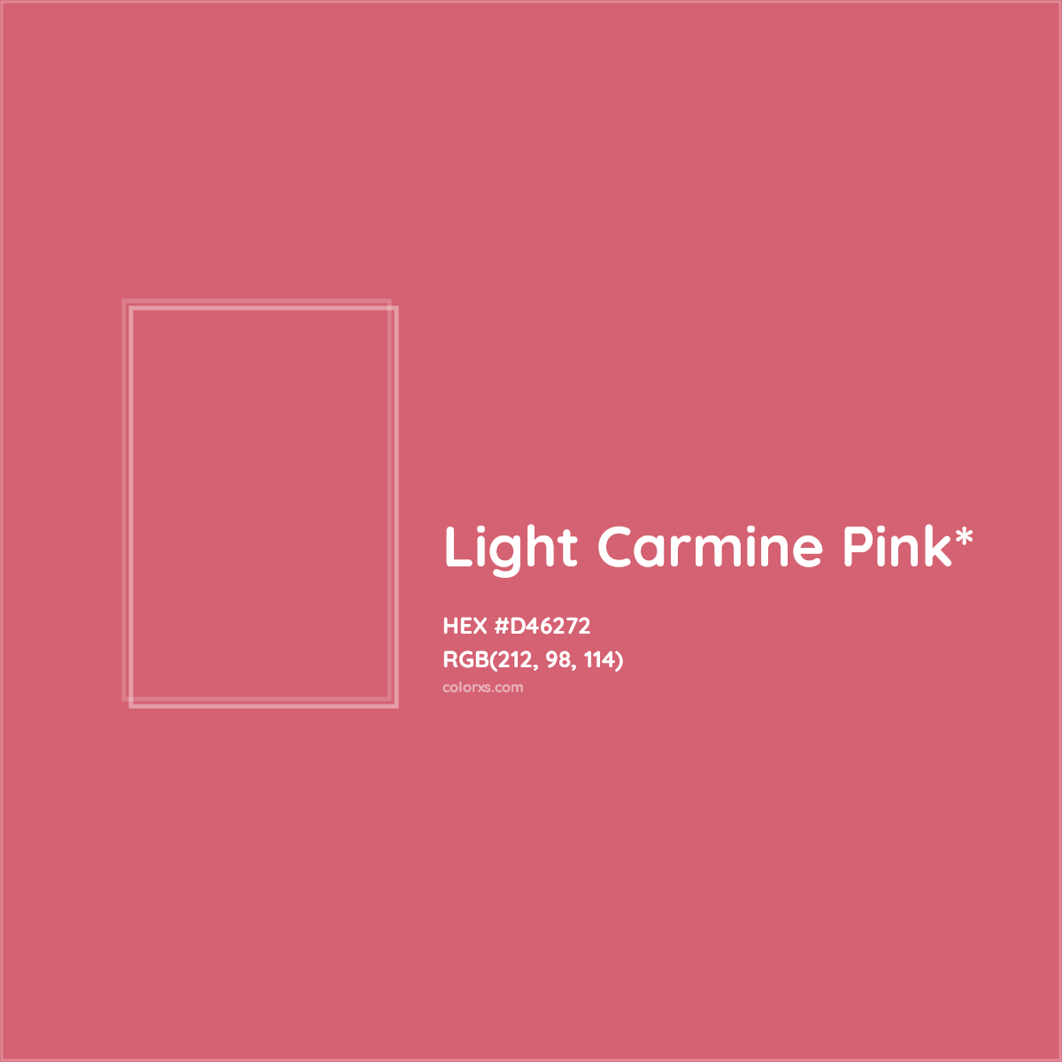 #D46272 hex color. RGB, RYB, CMYK, HSL, HSV codes and color conversions. Matching color names, palettes, paints.