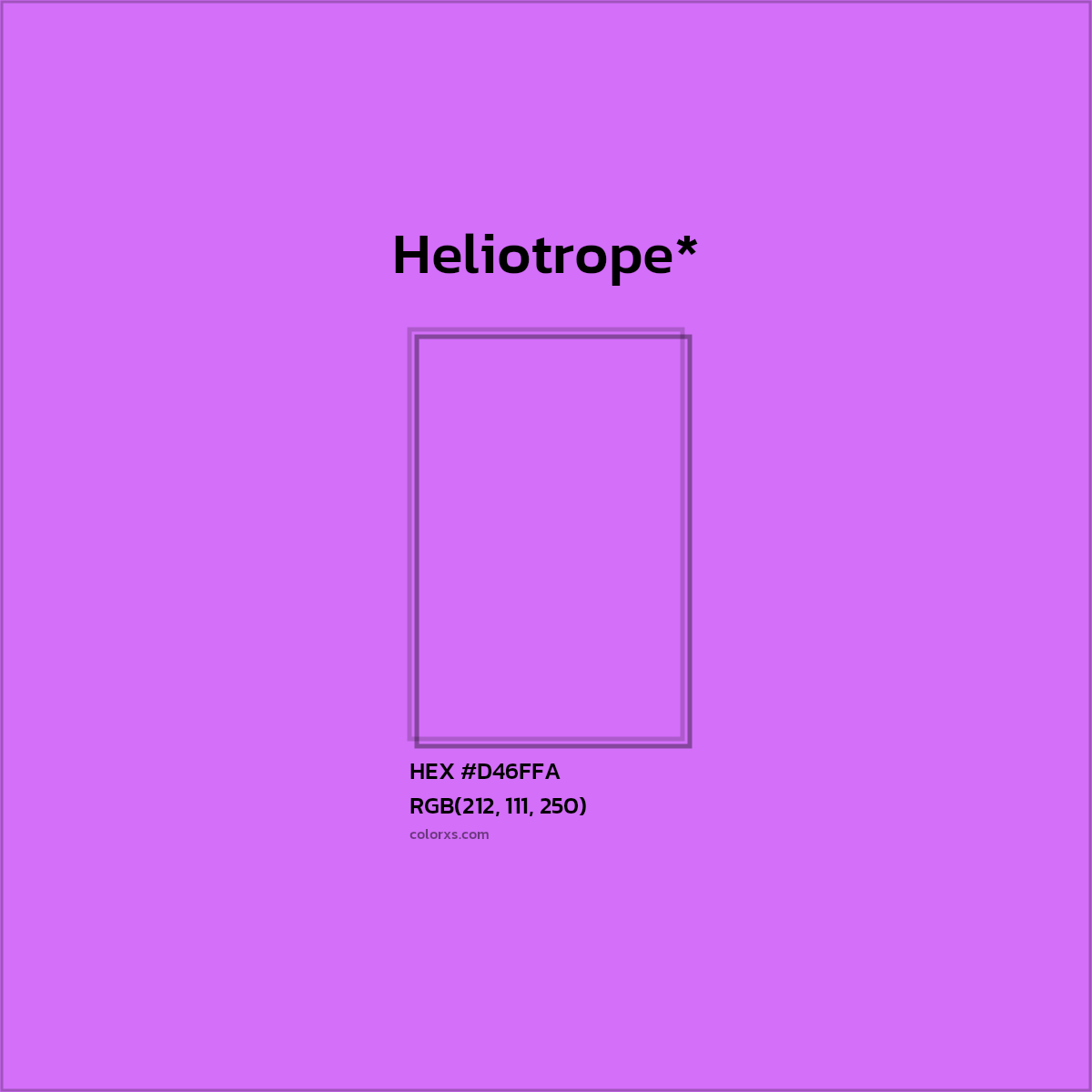 #D46FFA hex color. RGB, RYB, CMYK, HSL, HSV codes and color conversions. Matching color names, palettes, paints.