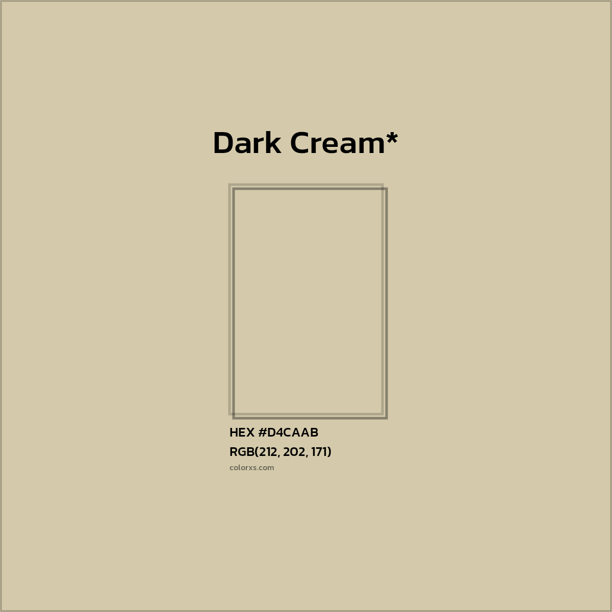 #D4CAAB hex color. RGB, RYB, CMYK, HSL, HSV codes and color conversions. Matching color names, palettes, paints.