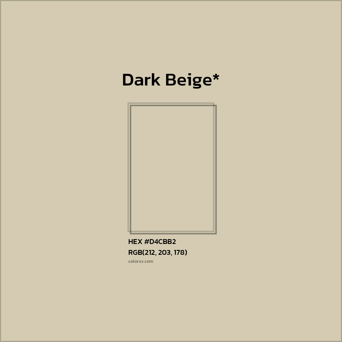 #D4CBB2 hex color. RGB, RYB, CMYK, HSL, HSV codes and color conversions. Matching color names, palettes, paints.