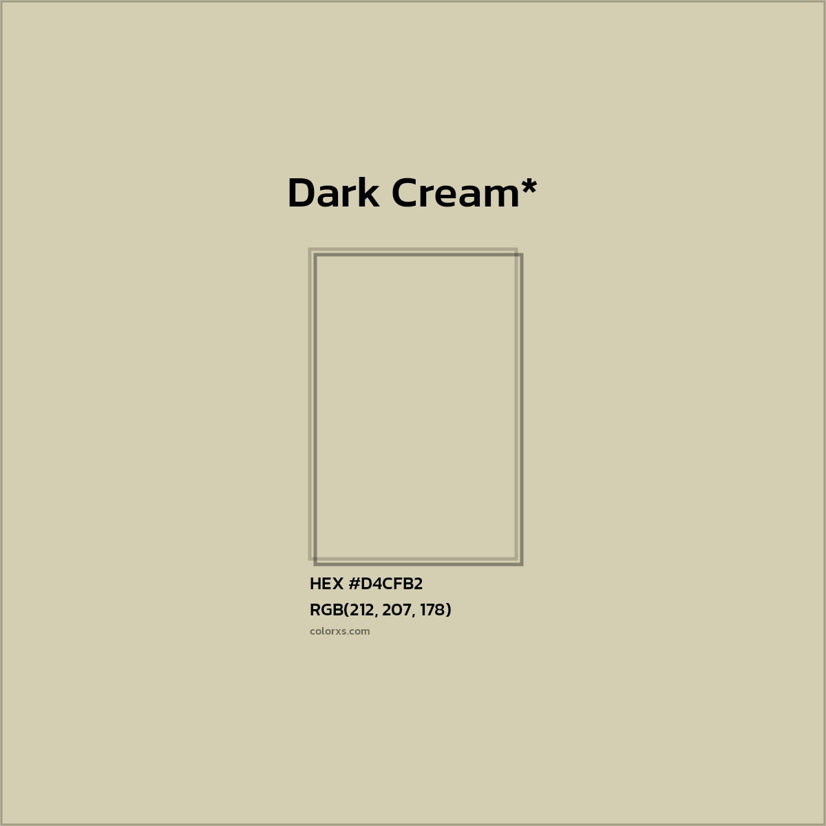 #D4CFB2 hex color. RGB, RYB, CMYK, HSL, HSV codes and color conversions. Matching color names, palettes, paints.