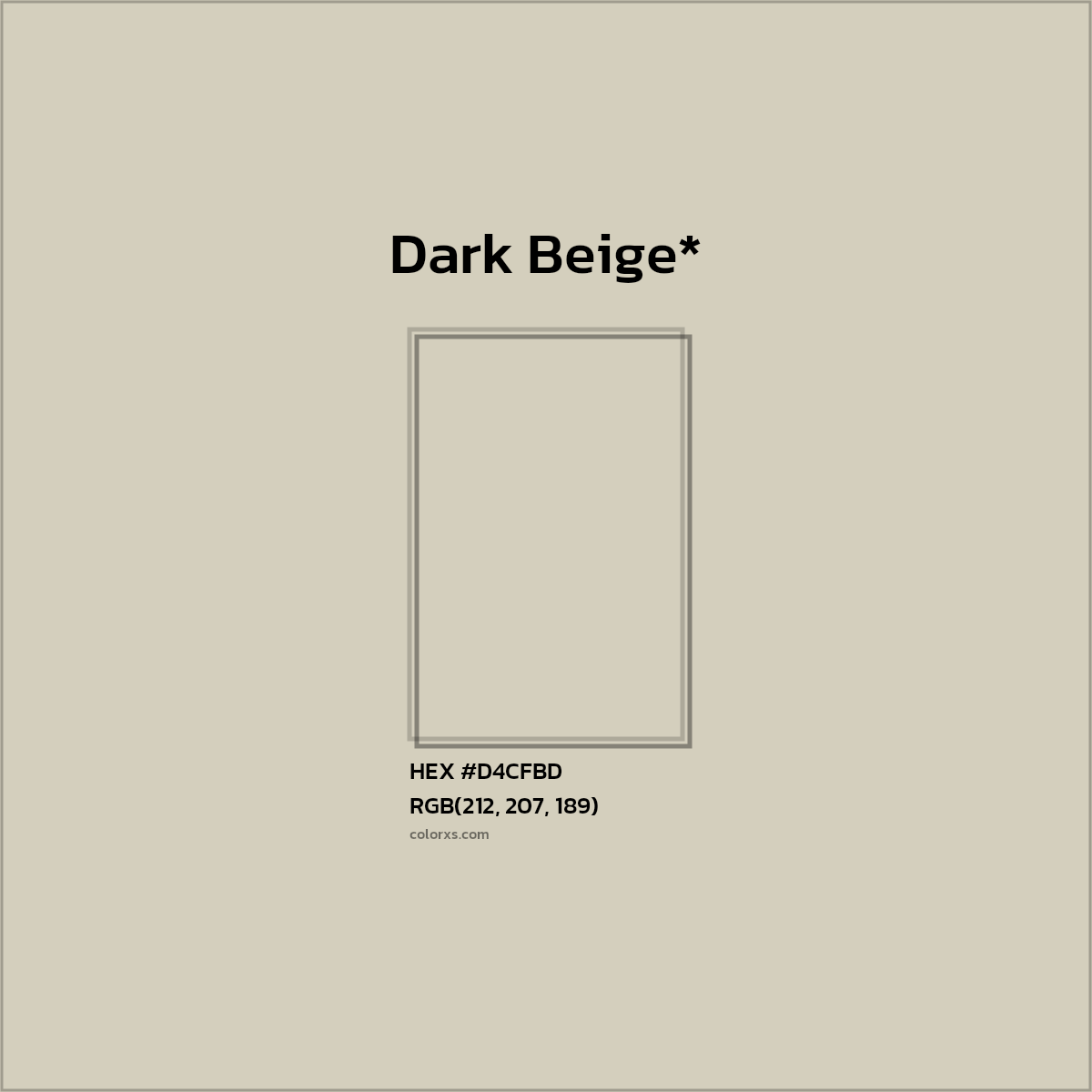 #D4CFBD hex color. RGB, RYB, CMYK, HSL, HSV codes and color conversions. Matching color names, palettes, paints.