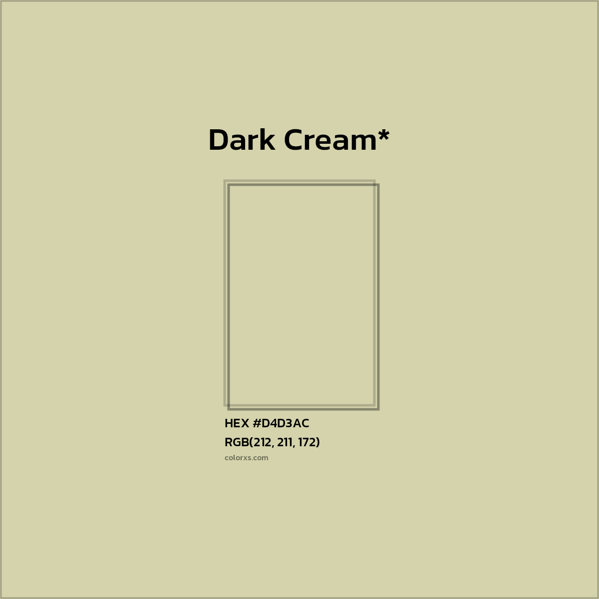#D4D3AC hex color. RGB, RYB, CMYK, HSL, HSV codes and color conversions. Matching color names, palettes, paints.