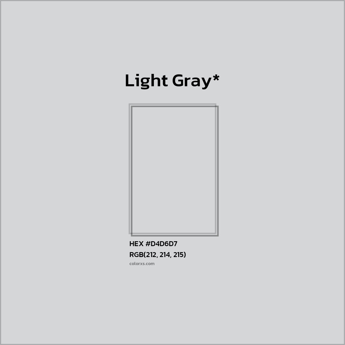 #D4D6D7 hex color. RGB, RYB, CMYK, HSL, HSV codes and color conversions. Matching color names, palettes, paints.