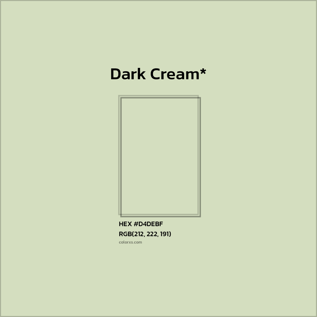 #D4DEBF hex color. RGB, RYB, CMYK, HSL, HSV codes and color conversions. Matching color names, palettes, paints.