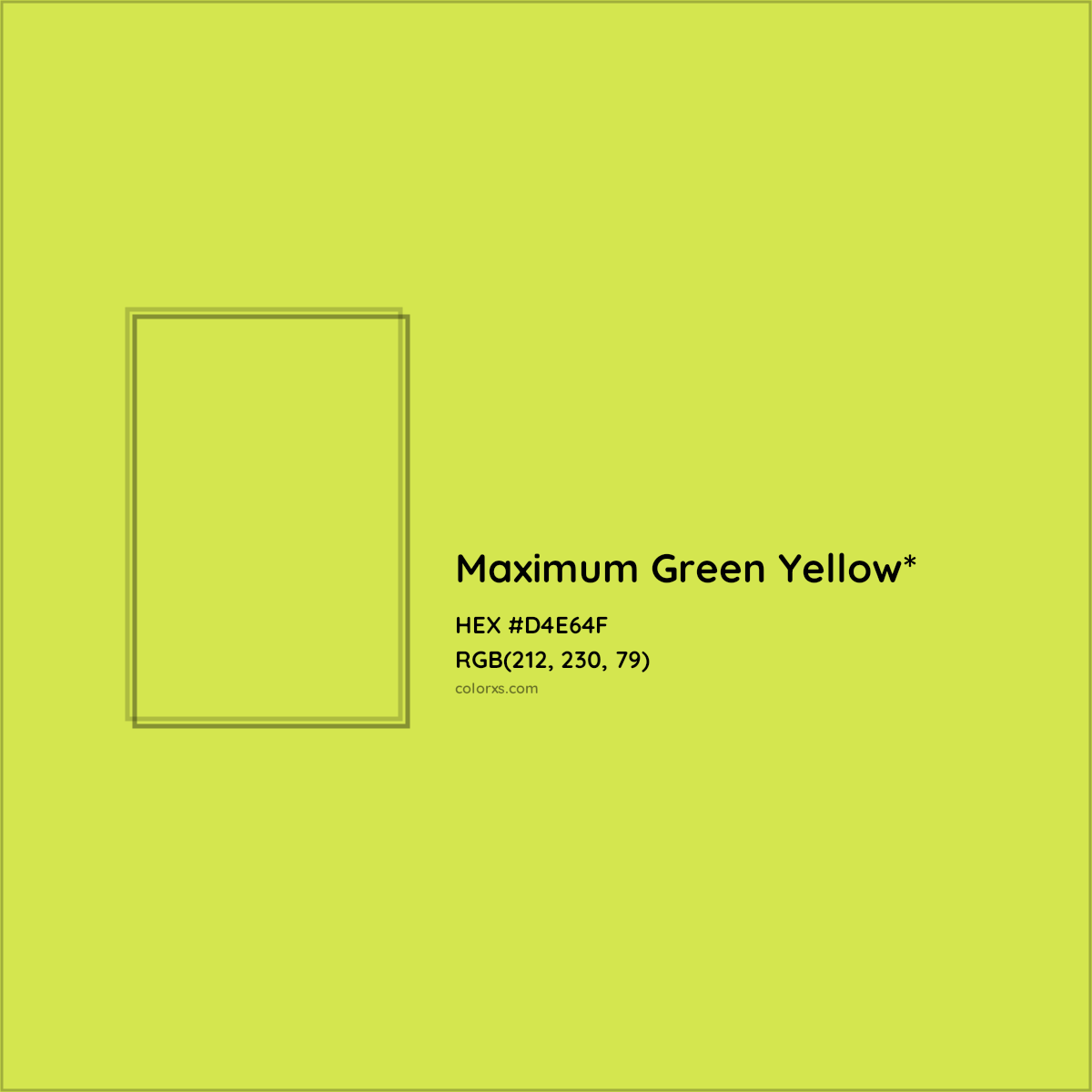 #D4E64F hex color. RGB, RYB, CMYK, HSL, HSV codes and color conversions. Matching color names, palettes, paints.
