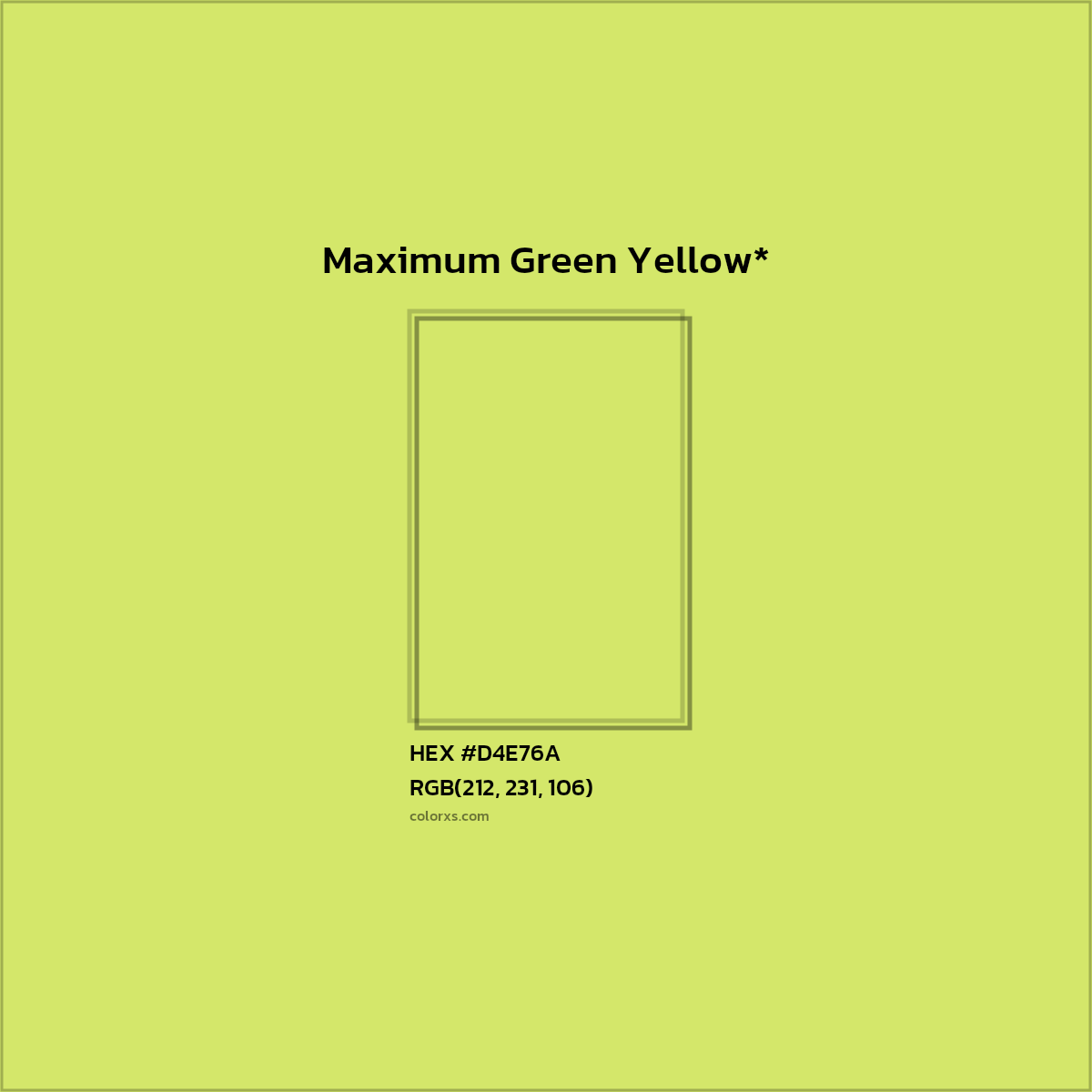 #D4E76A hex color. RGB, RYB, CMYK, HSL, HSV codes and color conversions. Matching color names, palettes, paints.