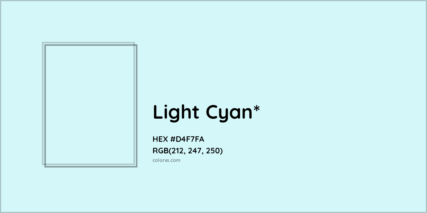 #D4F7FA hex color. RGB, RYB, CMYK, HSL, HSV codes and color conversions. Matching color names, palettes, paints.