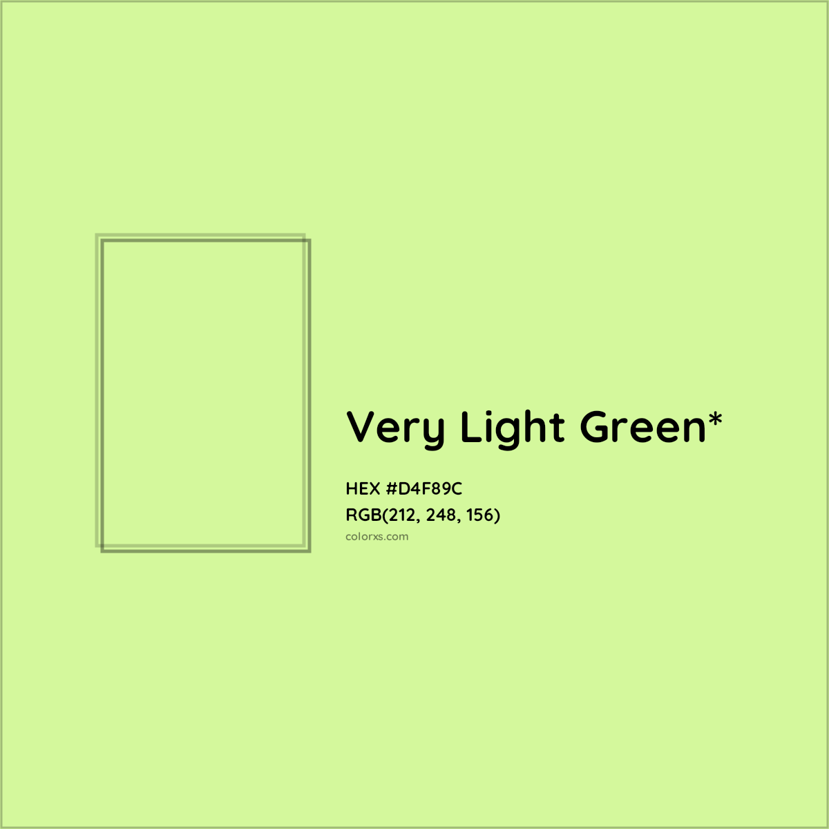 #D4F89C hex color. RGB, RYB, CMYK, HSL, HSV codes and color conversions. Matching color names, palettes, paints.