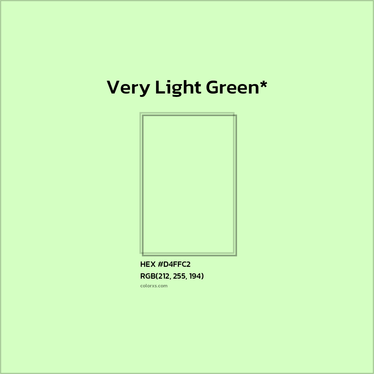 #D4FFC2 hex color. RGB, RYB, CMYK, HSL, HSV codes and color conversions. Matching color names, palettes, paints.