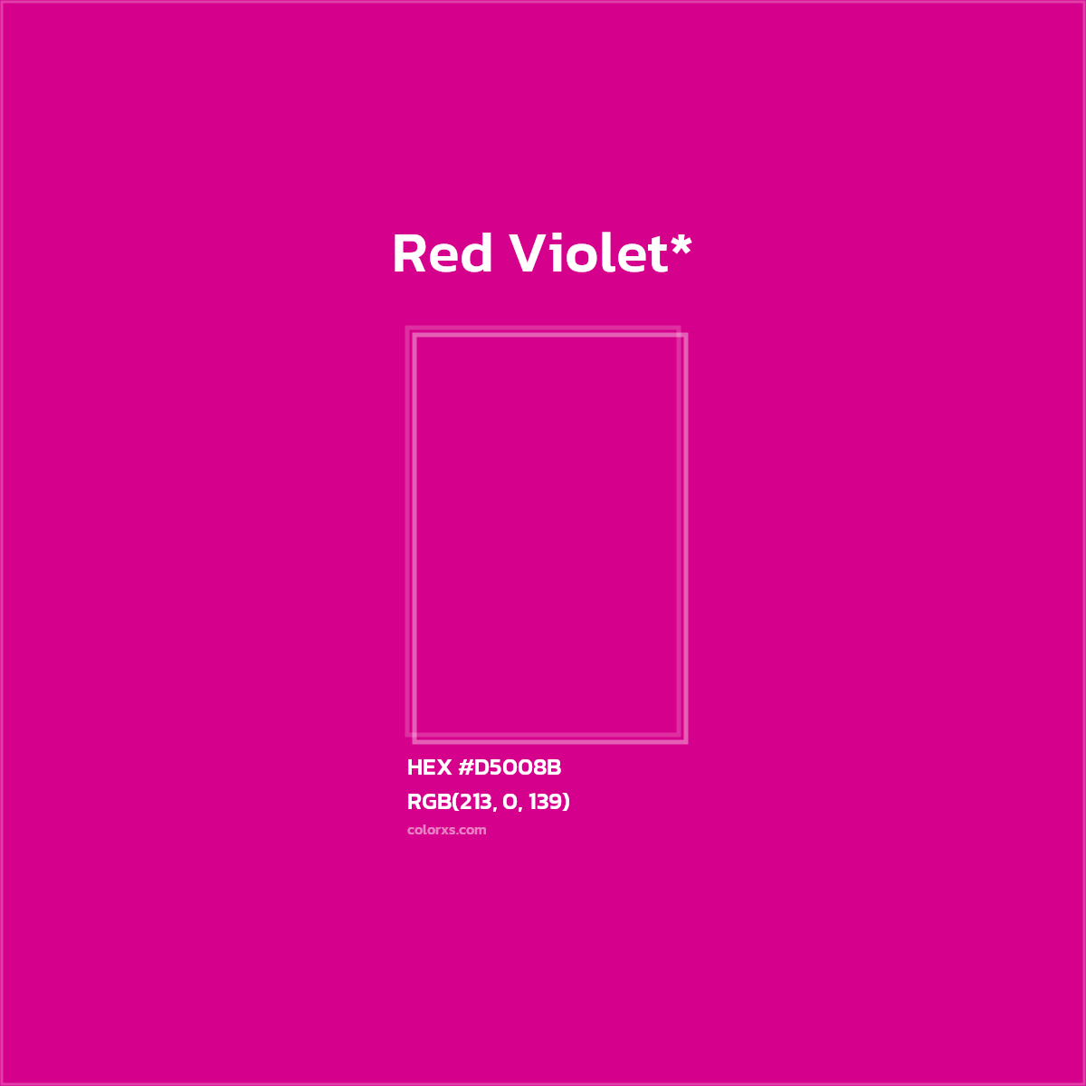 #D5008B hex color. RGB, RYB, CMYK, HSL, HSV codes and color conversions. Matching color names, palettes, paints.