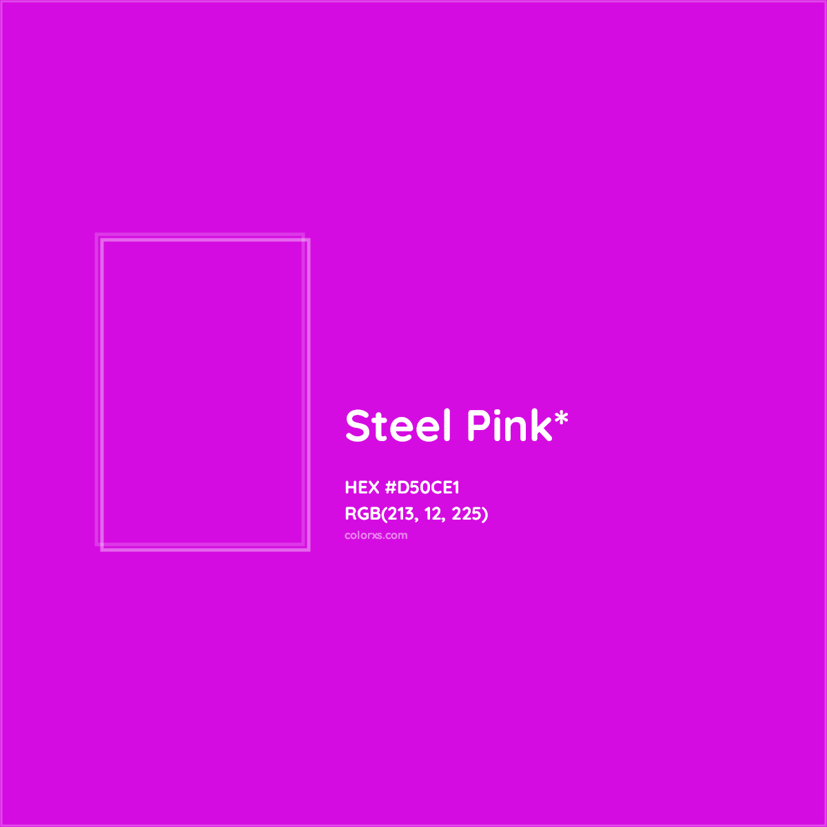 #D50CE1 hex color. RGB, RYB, CMYK, HSL, HSV codes and color conversions. Matching color names, palettes, paints.
