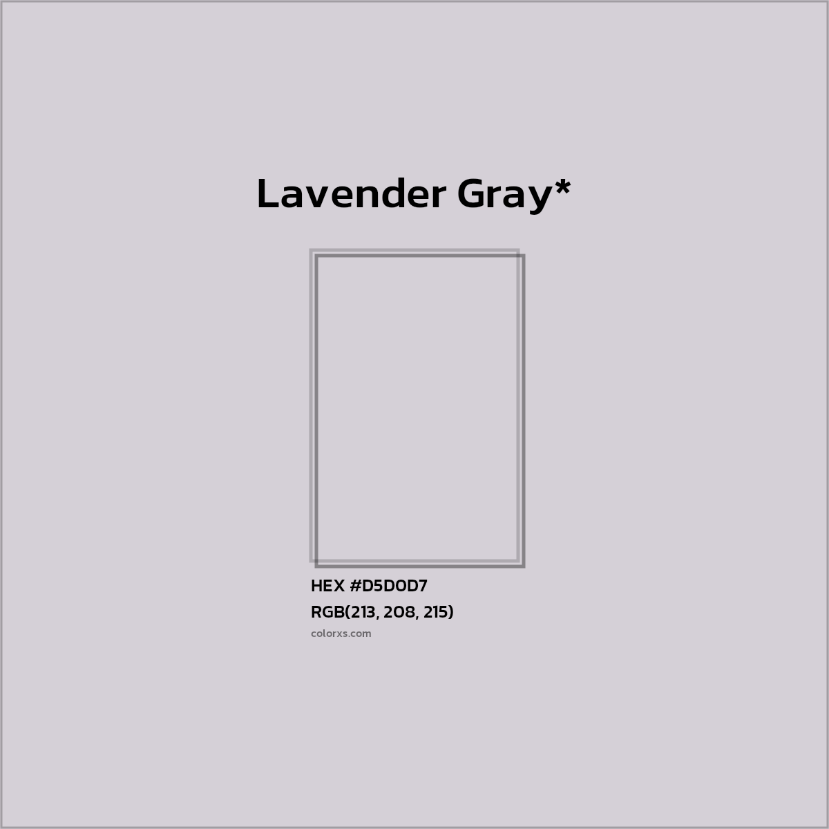 #D5D0D7 hex color. RGB, RYB, CMYK, HSL, HSV codes and color conversions. Matching color names, palettes, paints.