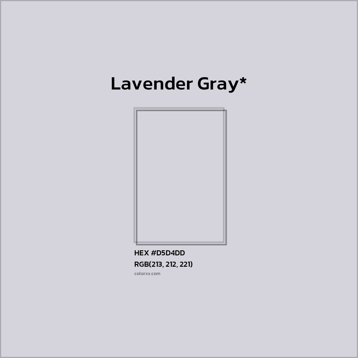 #D5D4DD hex color. RGB, RYB, CMYK, HSL, HSV codes and color conversions. Matching color names, palettes, paints.