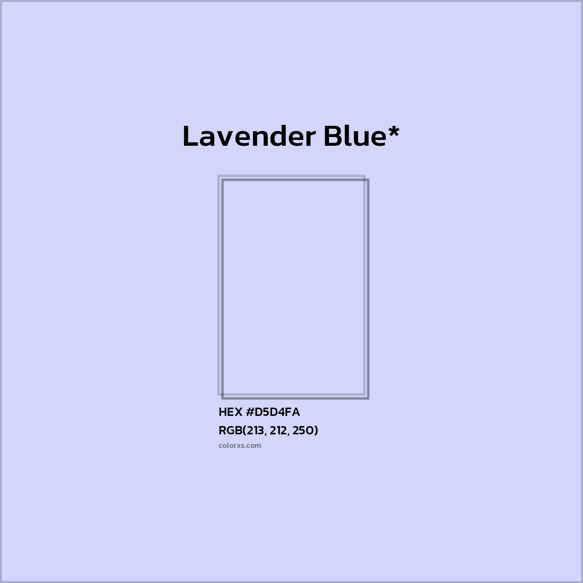 #D5D4FA hex color. RGB, RYB, CMYK, HSL, HSV codes and color conversions. Matching color names, palettes, paints.