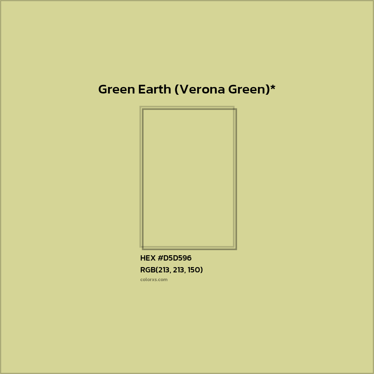 #D5D596 hex color. RGB, RYB, CMYK, HSL, HSV codes and color conversions. Matching color names, palettes, paints.
