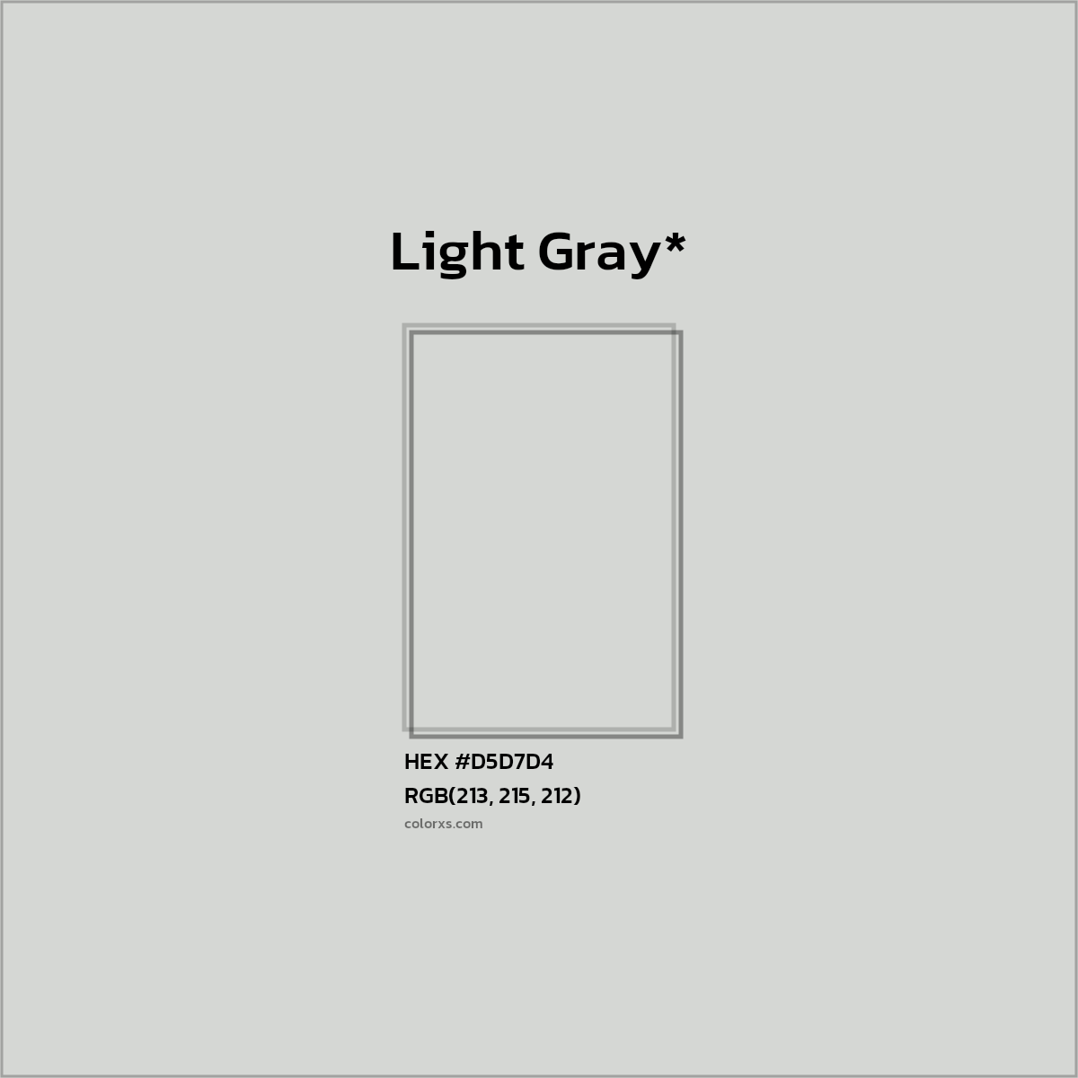 #D5D7D4 hex color. RGB, RYB, CMYK, HSL, HSV codes and color conversions. Matching color names, palettes, paints.