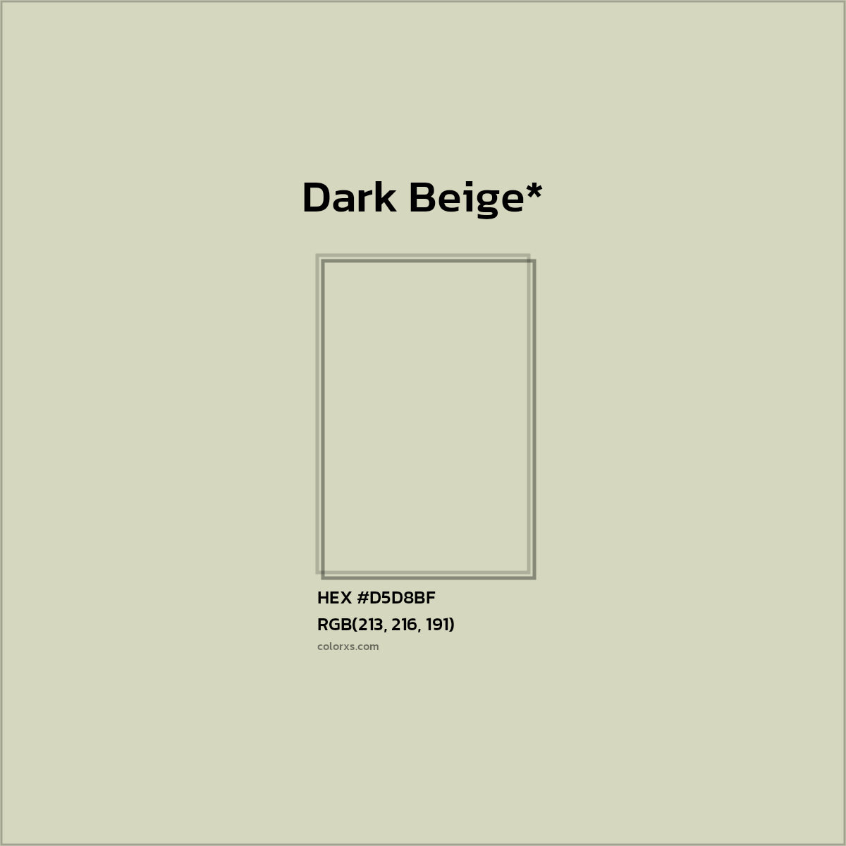 #D5D8BF hex color. RGB, RYB, CMYK, HSL, HSV codes and color conversions. Matching color names, palettes, paints.