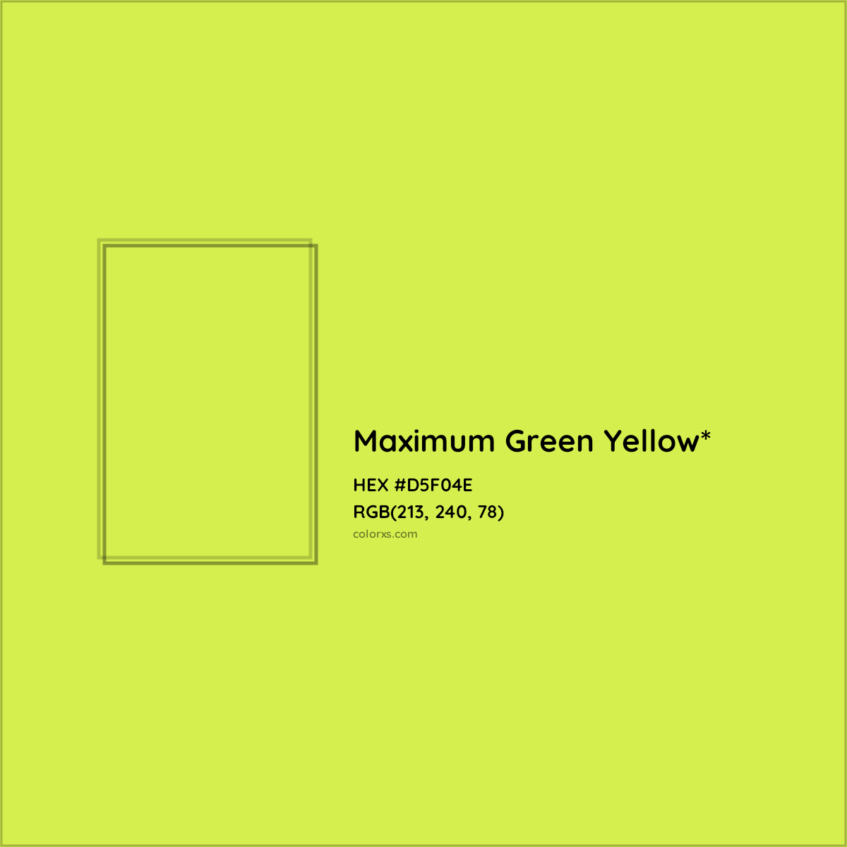 #D5F04E hex color. RGB, RYB, CMYK, HSL, HSV codes and color conversions. Matching color names, palettes, paints.
