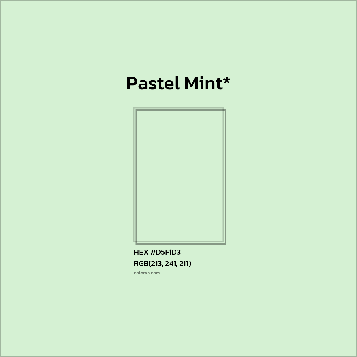 #D5F1D3 hex color. RGB, RYB, CMYK, HSL, HSV codes and color conversions. Matching color names, palettes, paints.